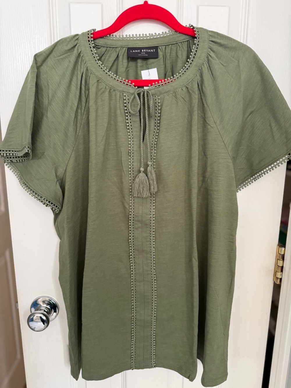 Lane Bryant Olive Green Tassel-Peasant Top with Crochet Trim